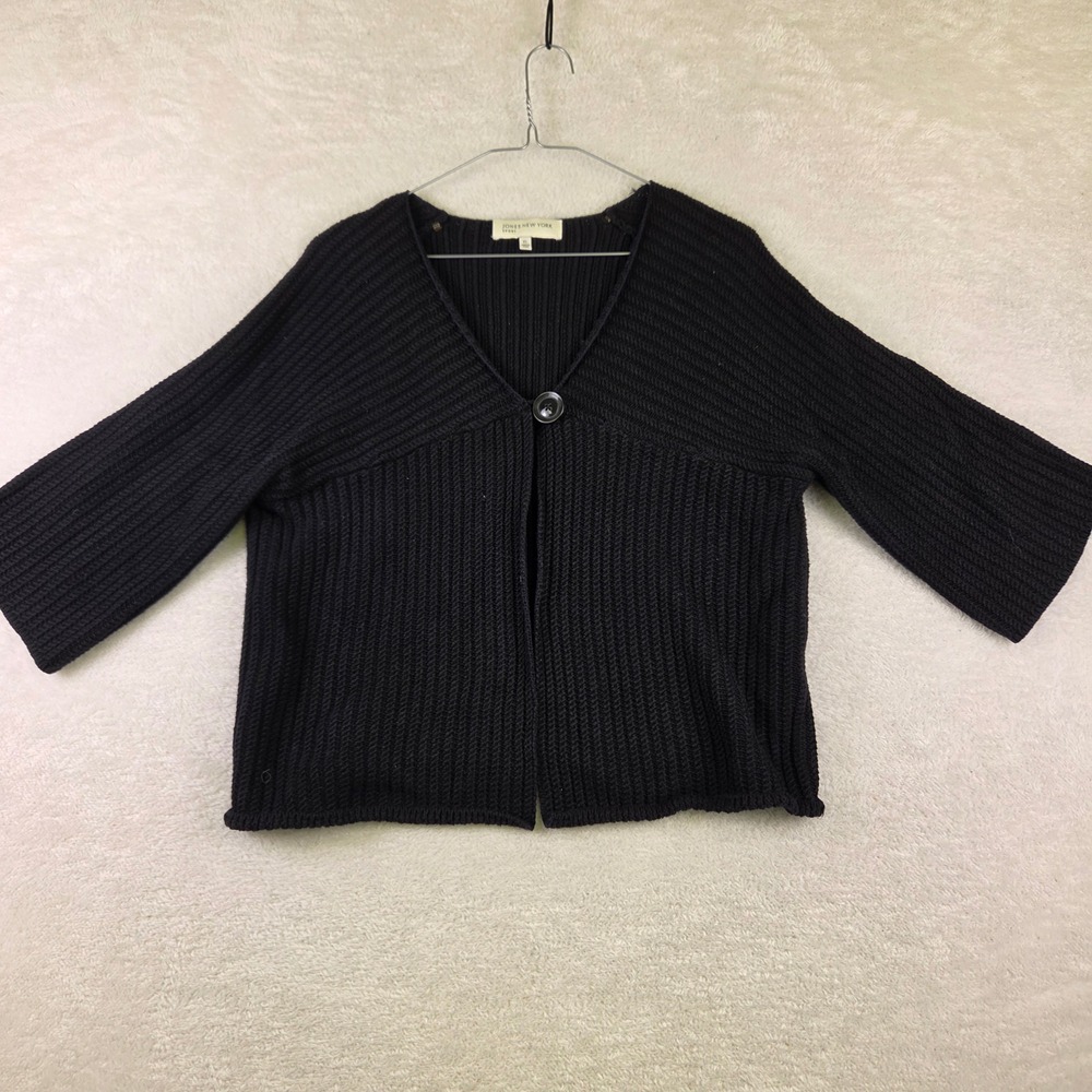 Jones New York Sport Black Ribbed Knit Single Button Cardigan XL Wide Sleeve